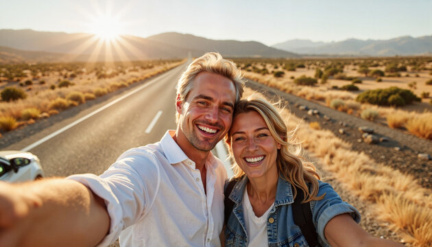 Happy couple taking a selfie on a scenic road at sunset
