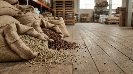 Burlap sacks filled with raw green coffee beans in warehouse