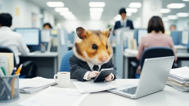 Golden hamster wearing business suit and tie working at corporate office desk with smartphone. Modern workplace setting with colleagues in open cubicles background
