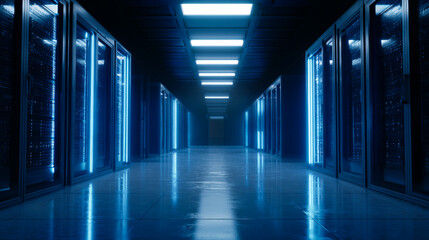 Illuminated corridor in a high-tech data center showcasing rows of servers operating under cool blue lights