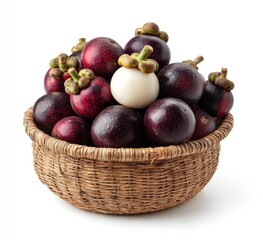 Fresh mangosteen fruit in a woven basket