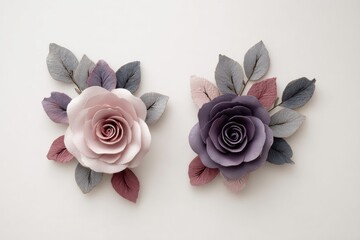 Two elegant paper flower arrangements a pink rose and a purple one with grey leaves