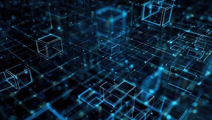 Abstract network of glowing blue cubes and lines against a dark backdrop