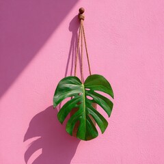 A large, single monstera leaf is suspended from a wooden peg on a pink wall