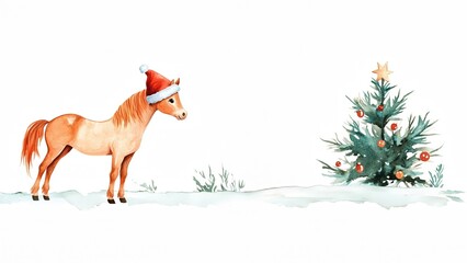 Cute watercolor horse in Santa hat near Christmas tree with balls on white background