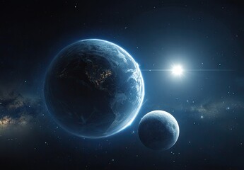 Obraz premium Earth-like planet and moon bathed in starlight against deep space backdrop