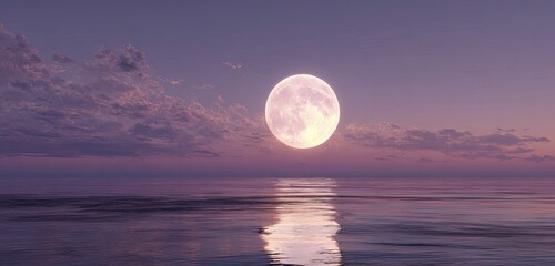 Full moon glowing over calm ocean water, reflected in ripples