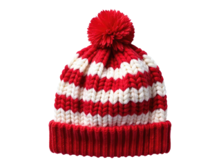 A bright red and white knitted hat with a fluffy pom pom, perfect for winter or holiday scenes