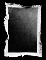 Torn, rough-edged paper frame around a textured, black rectangle on black