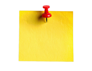 A yellow post-it note, pinned with a red pushpin, against a stark black background