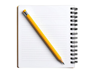 Overhead shot of a spiral notebook with blank lined pages and a yellow pencil on top