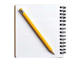 Overhead shot of a spiral notebook with blank lined pages and a yellow pencil on top