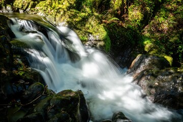 Fototapeta premium Long exposure of a waterfall on the Hoar Oak Water river at Watersmeet in Exmoor National Park