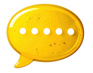 Glossy yellow speech bubble with four dots inside, isolated on a black background