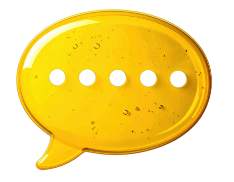 Glossy yellow speech bubble with four dots inside, isolated on a black background - Powered by Adobe