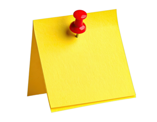 A blank, yellow sticky note, upright with a red pushpin attached on a plain, dark background