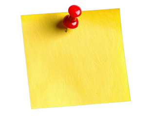 A square, yellow sticky note, secured by a red push pin, isolated on a black background