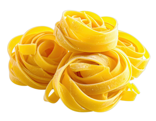 Close-up of golden-yellow, dry pasta nests, arranged on a seamless, black background