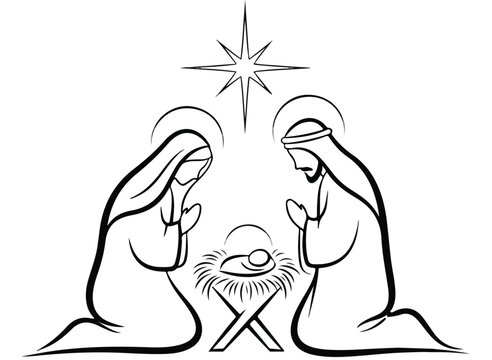 Nativity scene with Mary, Joseph, and baby Jesus.