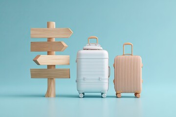 Luggage and signpost on blue background evoke travel, choice, and destinations