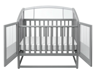 Gray crib with open doors and white mattress inside