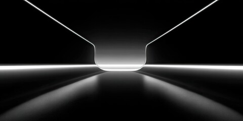 Minimalist dark space with bright horizontal and angled converging light lines