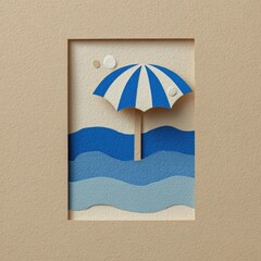 Paper art scene of a striped umbrella on a wavy blue ocean, framed by beige paper