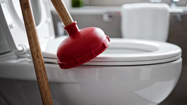 Red plunger resting on white toilet seat in modern bathroom. Represents home maintenance, plumbing challenges, or DIY repairs. Useful for cleaning tips or home improvement projects.