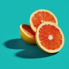 Sliced grapefruit halves casting shadow on turquoise background, studio shot