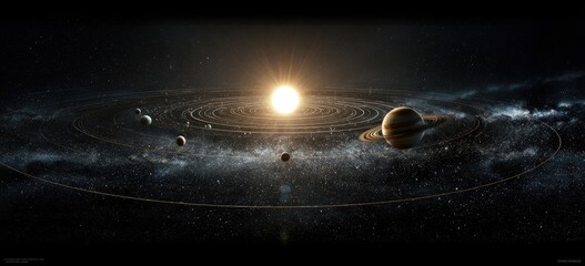 Solar system view with bright sun, planets, and orbiting rings in deep space