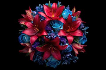 A vibrant bouquet of red lilies and blue roses against a black background