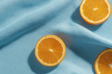 Overhead shot of halved oranges resting on a draped, light blue fabric