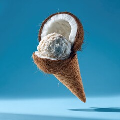 A halved coconut shell holds a scoop of ice cream; a cone shape, blue backdrop