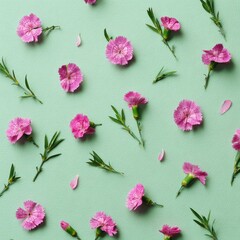 A flat lay pattern featuring pink carnation flowers and green sprigs on a light green backdrop