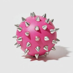 Vivid pink sphere adorned with metallic spikes, isolated on a seamless, white surface