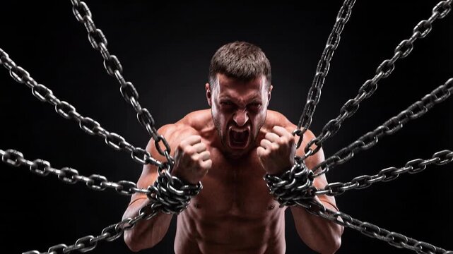 Prisoner pulling against heavy metal chains wrapped around wrists. Intense expression of strength and determination