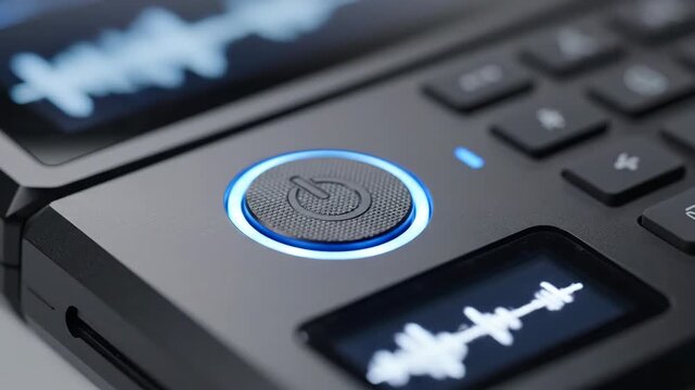 Close-up of power button on digital audio workstation, showcasing waveform display and sleek design. Concept of music production, sound engineering, or audio technology.