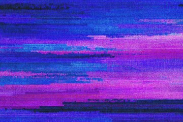Abstract digital glitch art with horizontal bands of blue, purple, and pink