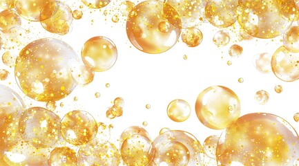 Golden bubbles float against white