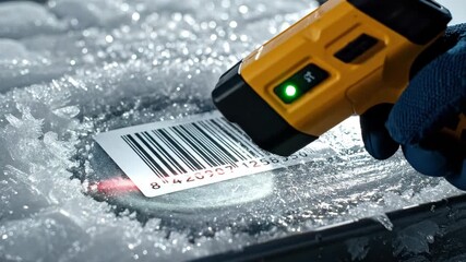 Hand holding barcode scanner, illuminating barcode through ice and snow. Concept of cold storage and inventory management for logistics or retail operations. - Powered by Adobe