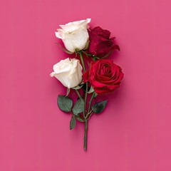 Four roses, red and white, atop a pink background. Green stems and leaves complete the floral arrangement