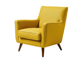 A yellow chair with wooden legs sitting on a white background
