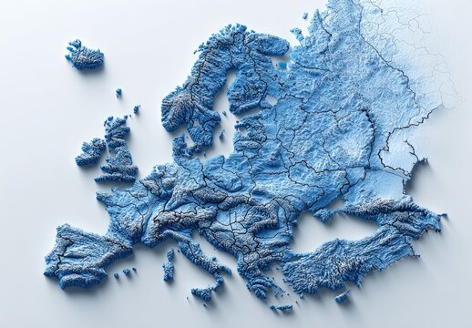 Relief map of Europe with national borders shown in subtle grey lines