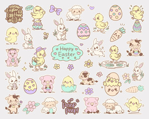 Easter Sticker Bundle, a fun Easter sticker pack featuring kawaii icons including bunnies, carrots, decorated eggs, chicks, pigs, cows, ducks, flowers, and sweet expressions