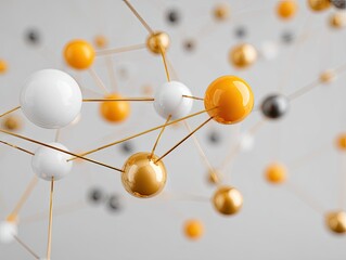 Abstract network spheres linked by thin lines, white, gold, orange, black