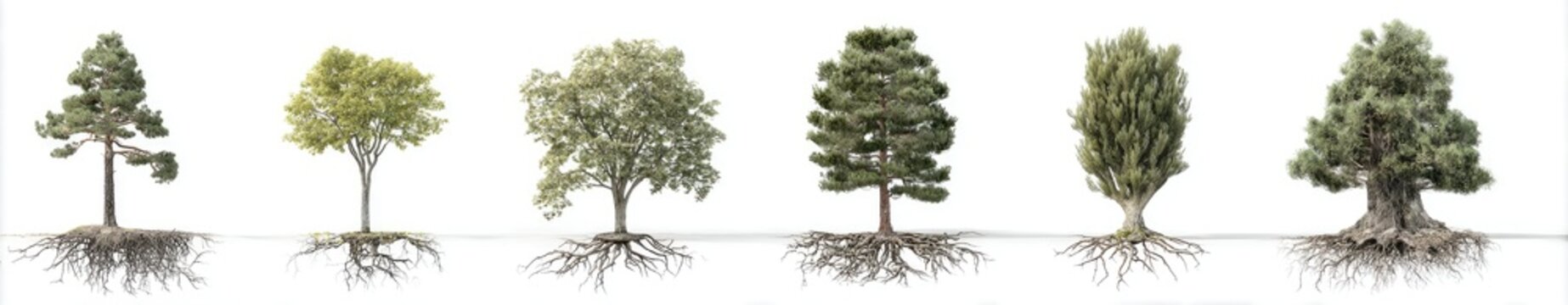 Row of six trees with exposed roots on a white background