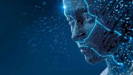 Futuristic digital human face formed by electronic circuits symbolizing artificial intelligence, data processing and advanced technology, ideal for AI, innovation, cybersecurity and tech concepts - Powered by Adobe