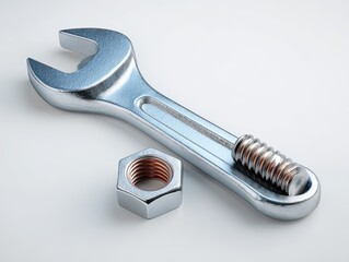 Silver wrench and nut against white tools for repair, construction, fixing