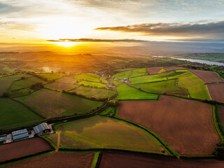 Colours of autumn Fields and Farms over Sheldon from a drone, Torbay, Devon, England