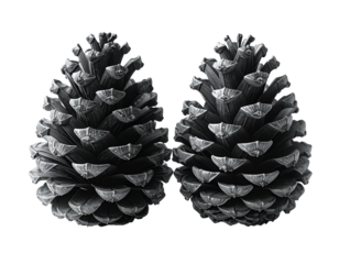 Two grayscale pinecones with textured scales, dark background